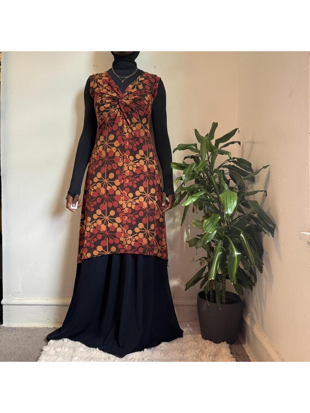 90s Y2K Maggy L Retro Mod Atomic Starburst Twist Front Midi Dress Sz 12